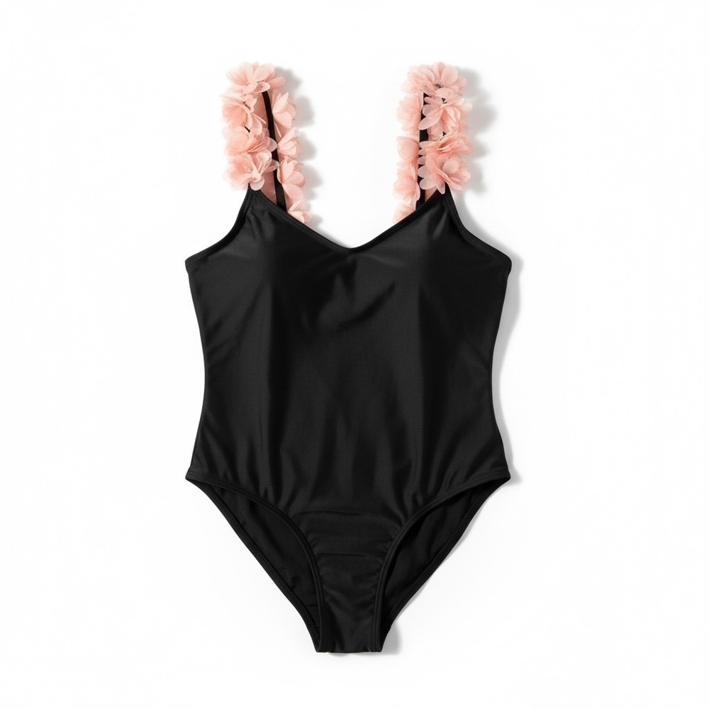 PrettyLittleThing Black One Piece with Pink Floral Straps